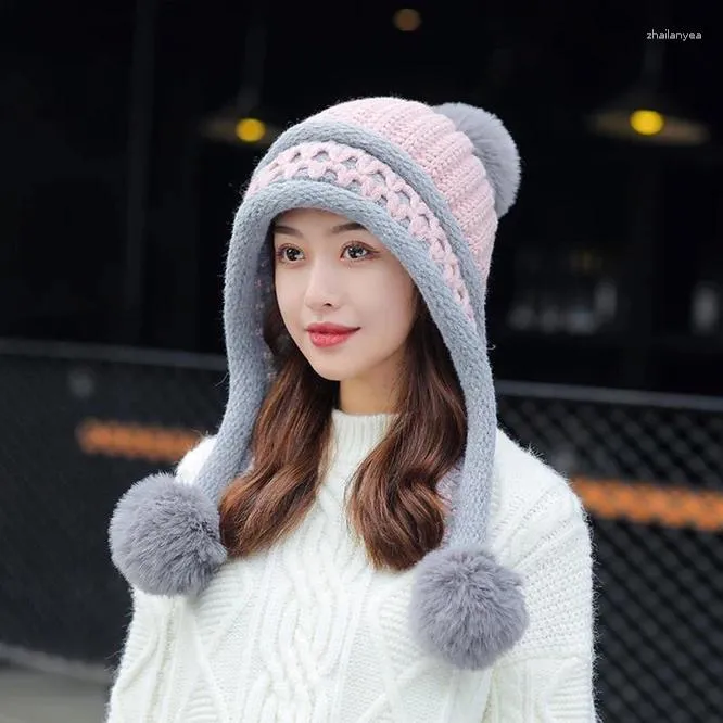 Boinas Otoño Invierno Oreja Protección Sombrero Mujer Cálido Punto Baotou Chica Al Aire Libre Bola Vop Lindo Coreano Estudiantes Japoneses Rosa