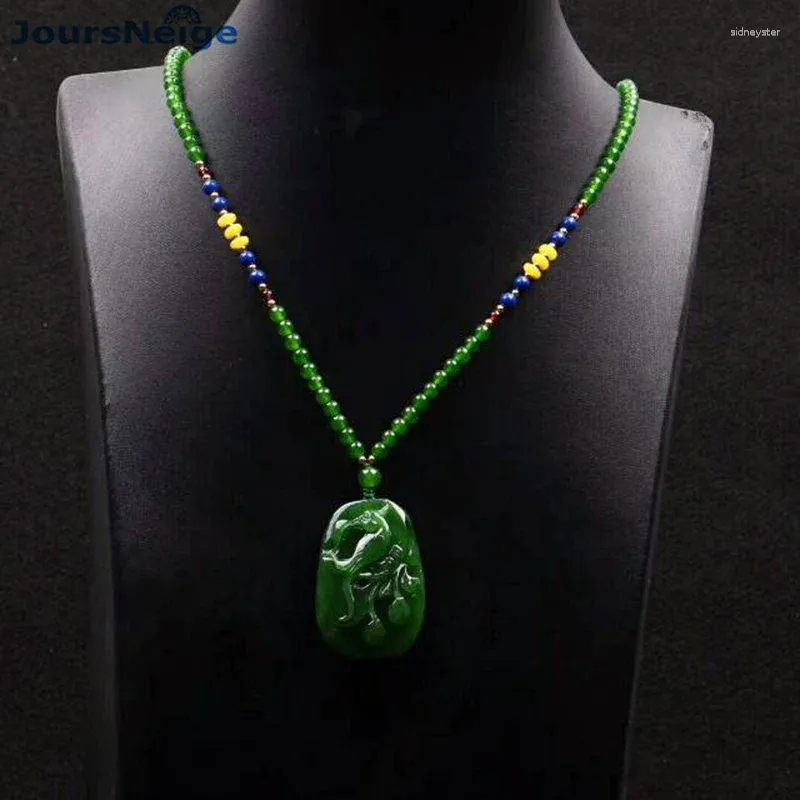 Pendant Necklaces Fine Carving Green Hetian Natural Stone Pendants Magpie And Plum Beads Sweater Chain Necklace For Men Women Jewelry