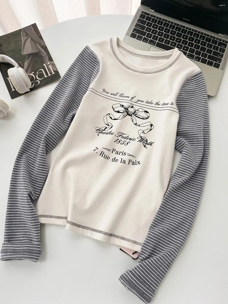 Women's T Shirts Korean Striped Long Sleeve Tops Simple O-Neck Casual Female Tees 2024 Trendy Patchwork Design Girls T-Shirt