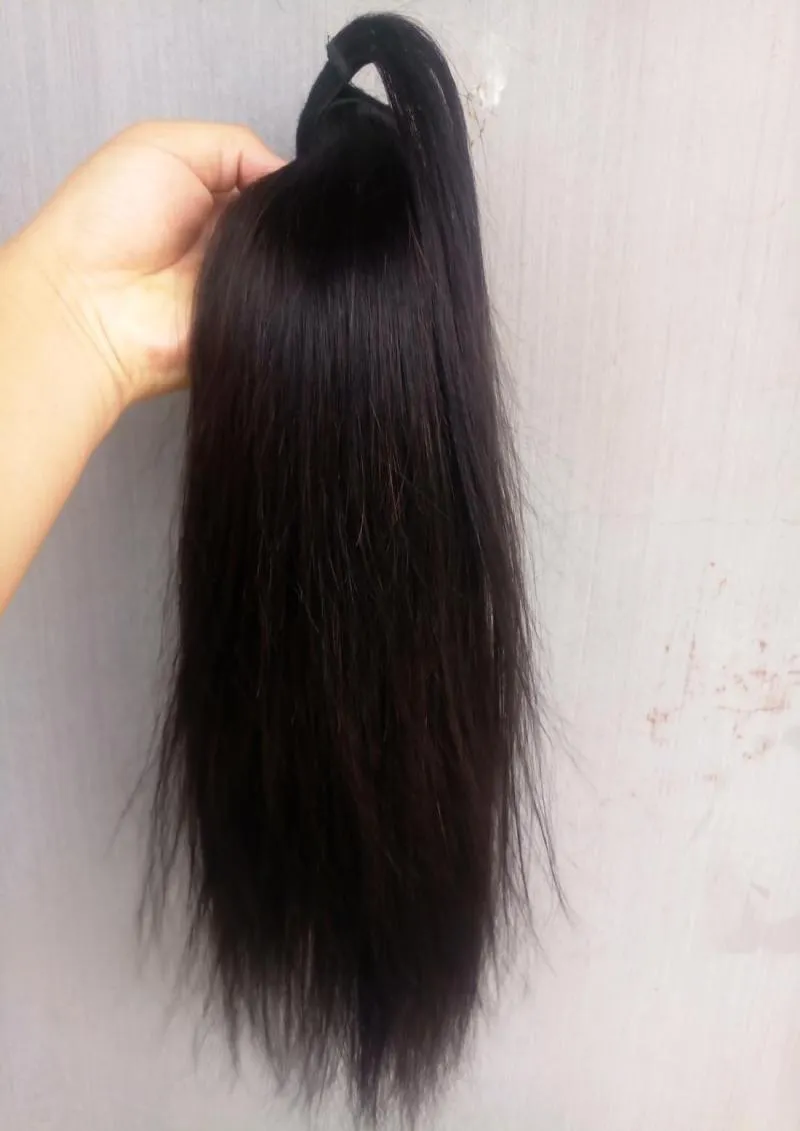 Chegam novas extensões de cabelo humano brasileiro virgem remy em linha reta rabo de cavalo natral cor preta 100g um pacote 7694635
