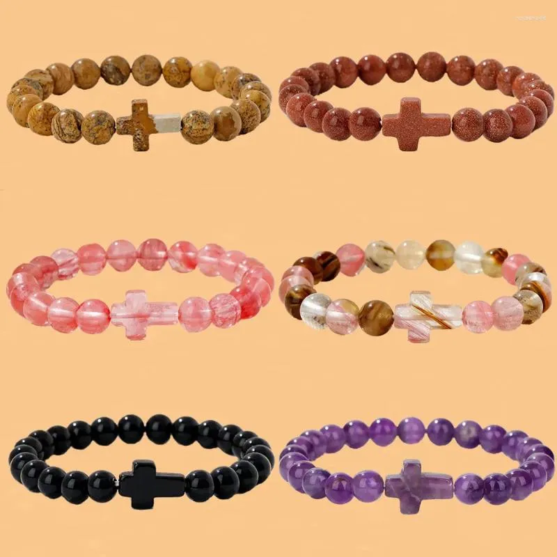 Strand Natural Stone 8mm Beaded Armband Cross Charm Lucky Amethysts Howlite Crystals Armband For Women Men smycken gåvor