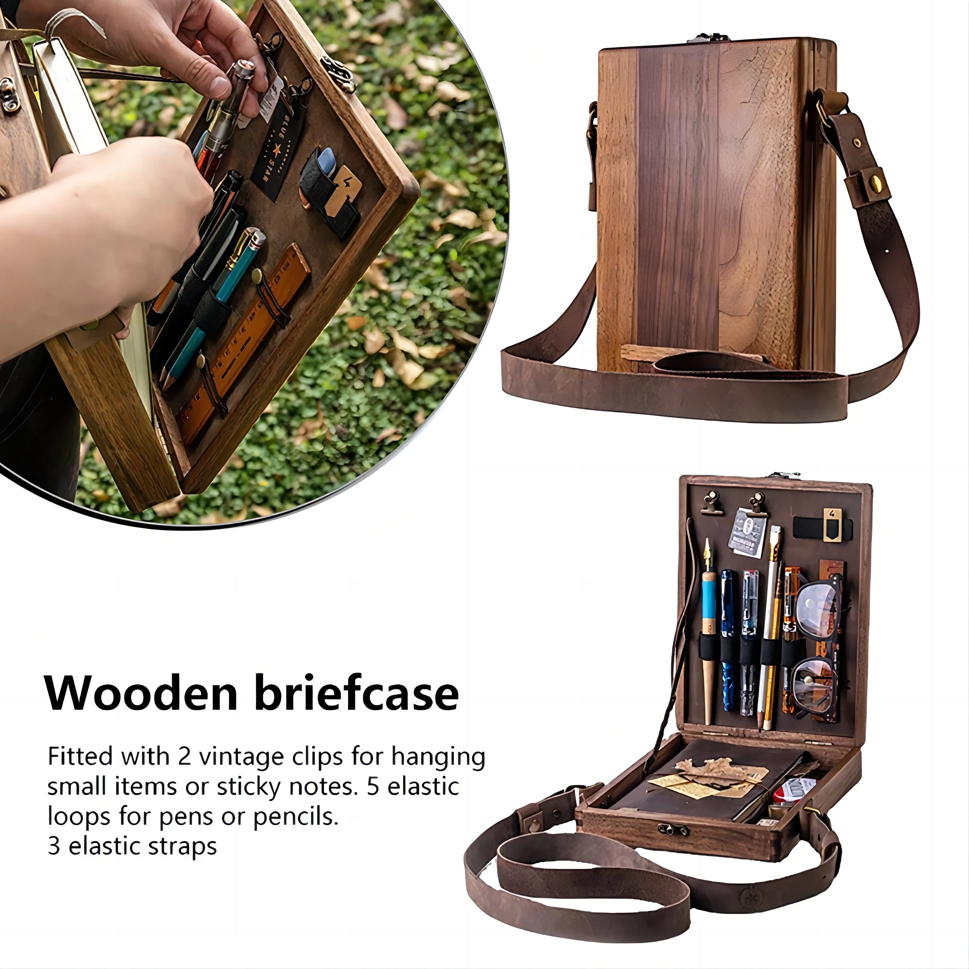 Bins Writers Messenger Wood Box A5 drewniane retro trend torba na ramię listhat na zewnątrz teczka sztuka