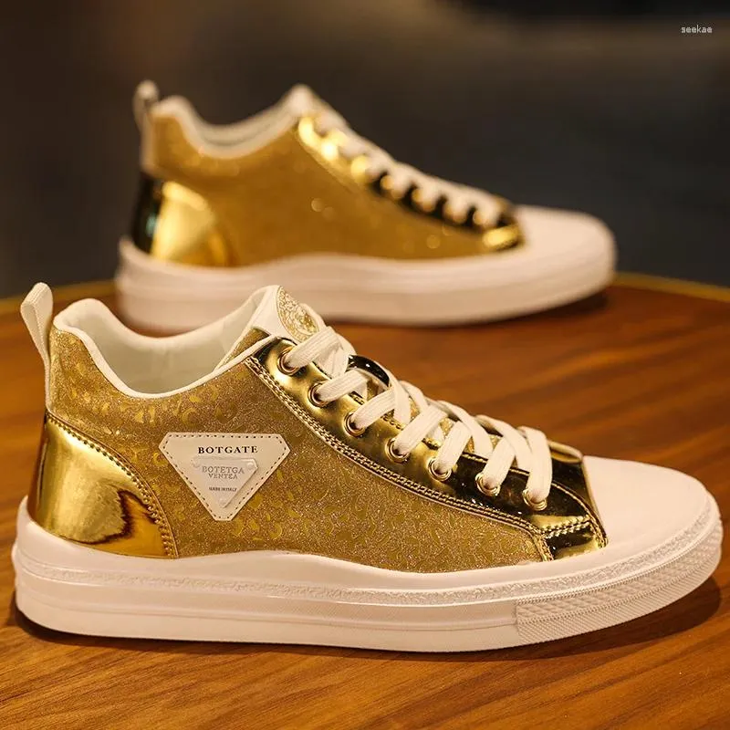 Casual Shoes Fashion Gold Glitter Men's Vulcanized Sneakers Comfort High Top Anti-slip Lace-up Men Skateboard