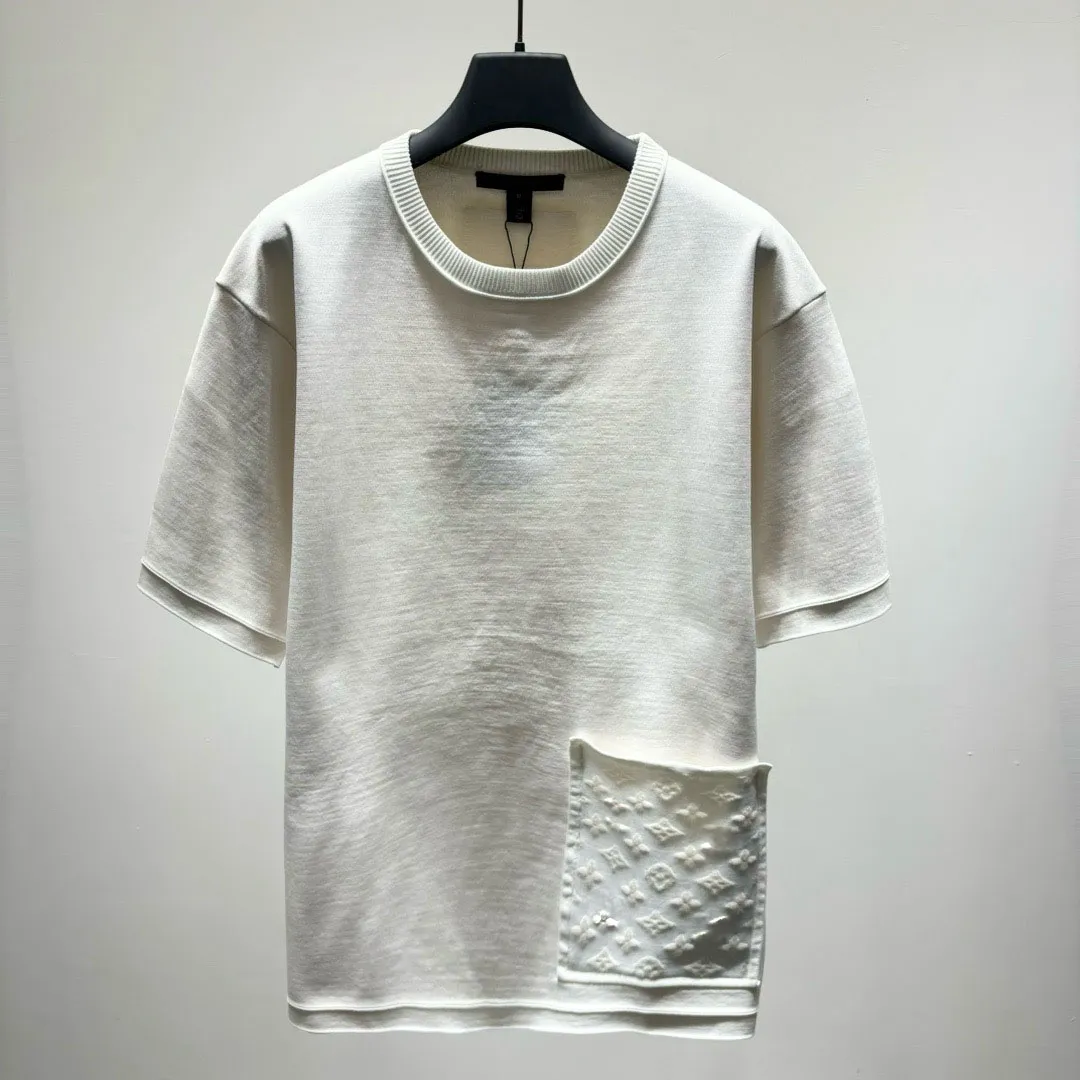 2024 Frühlings-/Sommer-Baumwoll-, Wolle- und Kaschmir-Seidenmischt-Strick-T-Shirt mit lässigen Taschen