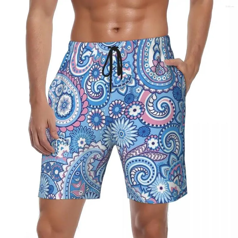 Men's Shorts Summer Board Males Floral Paisley Sports Surf Blue Traditional Beach Stylish Breathable Swimming Trunks Large Size