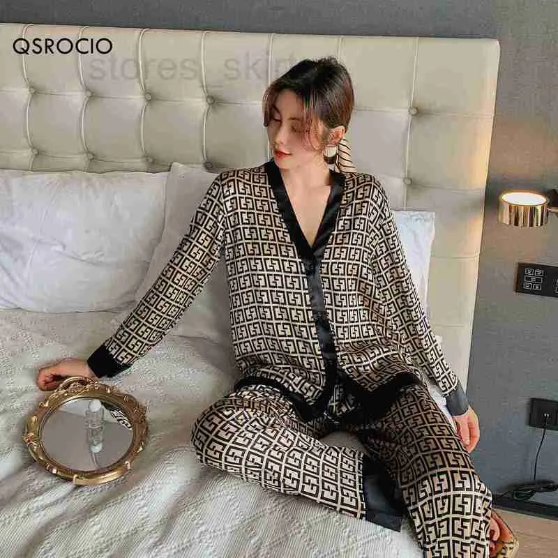 Kvinnors sömnkläderdesigner Qsrocio Pyjamas Set V Neck Design Luxury Cross Letter Print Silk Like Home Clothes XXL Stor storlek Nattkläder Q0720 SZX9