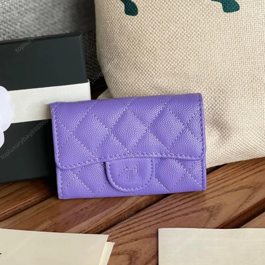 10a högkvalitativa plånböcker Lyxig handväska Designer Wallet Women Card Holder 11cm Cowhide Caviar Change Purse Present Box Packaging Purple Pink Plånböcker Dermis Kreditkort