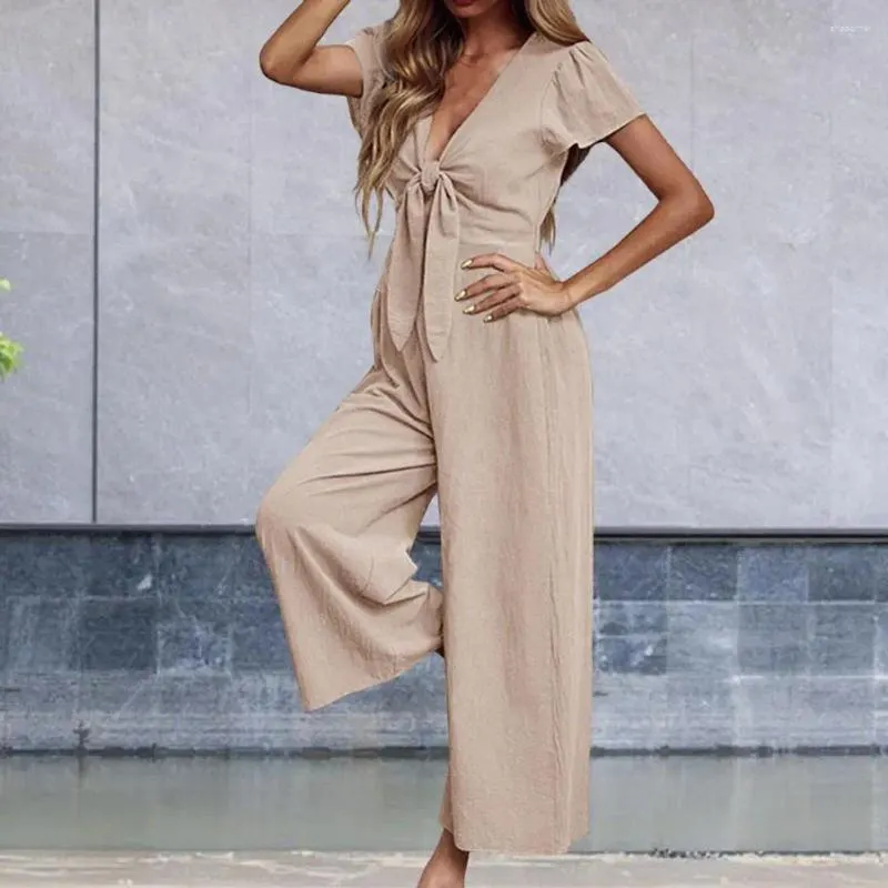 Damesbroeken Dames jumpsuit Stijlvolle zomer jumpsuits V-hals Lace-up romper Hoge taille Wijde pijpen Streetwear rompertjes met korte mouwen