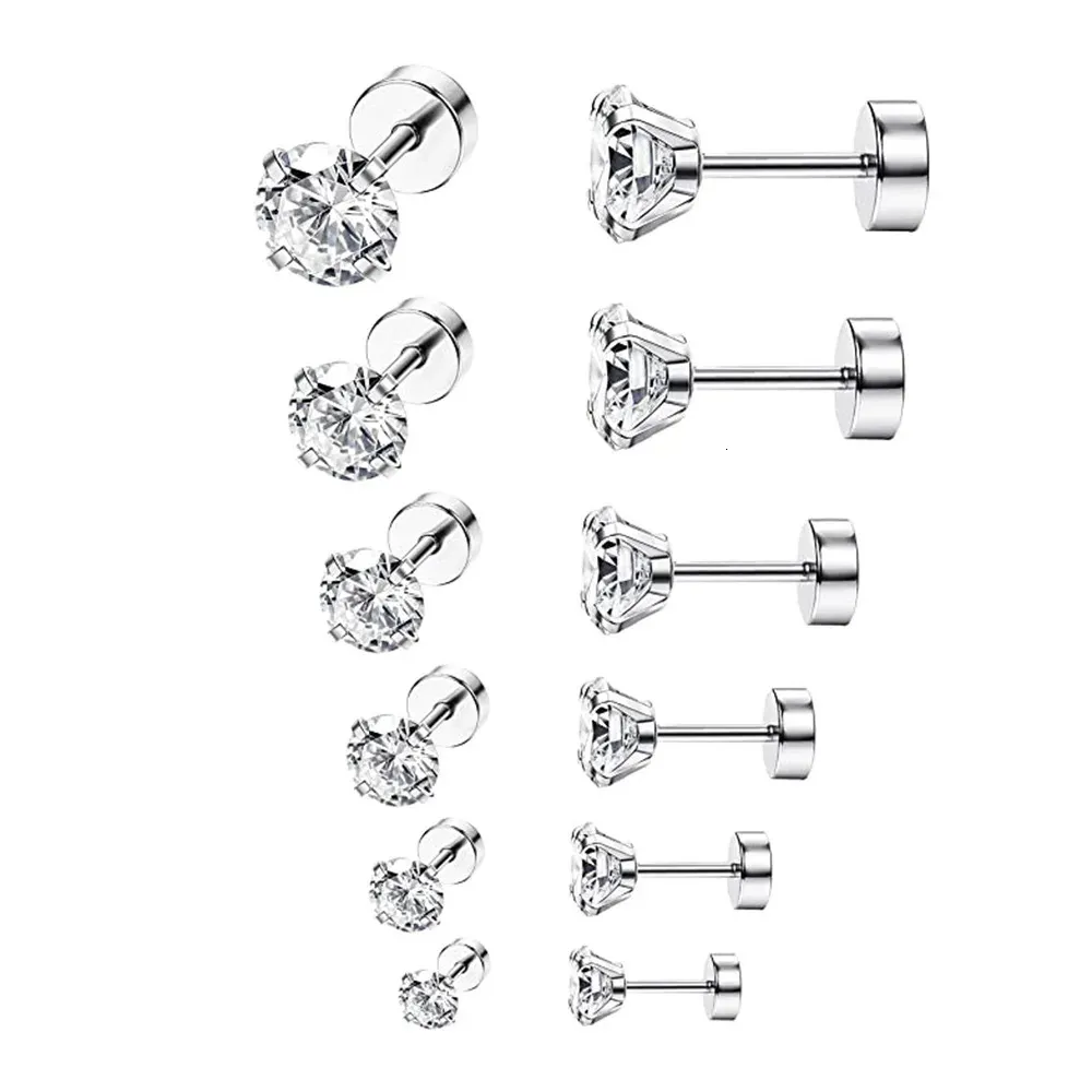 60st Crystal Cz Gem Ear Stud Earring Round Zircon för män och kvinnor Gotiska gatu Pop Ear smycken Rostfritt stål 3mm 4mm 5mm 240306