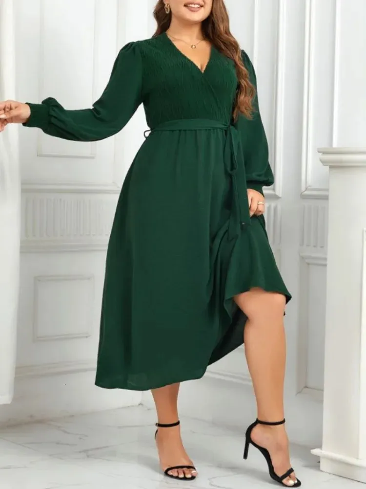 Plus Size Women Dresses Wrap V Neck Belt Elastic Long SemeVes Autumn Fall Sprimg Robe Solid Color Flowy Female Clothing 240311