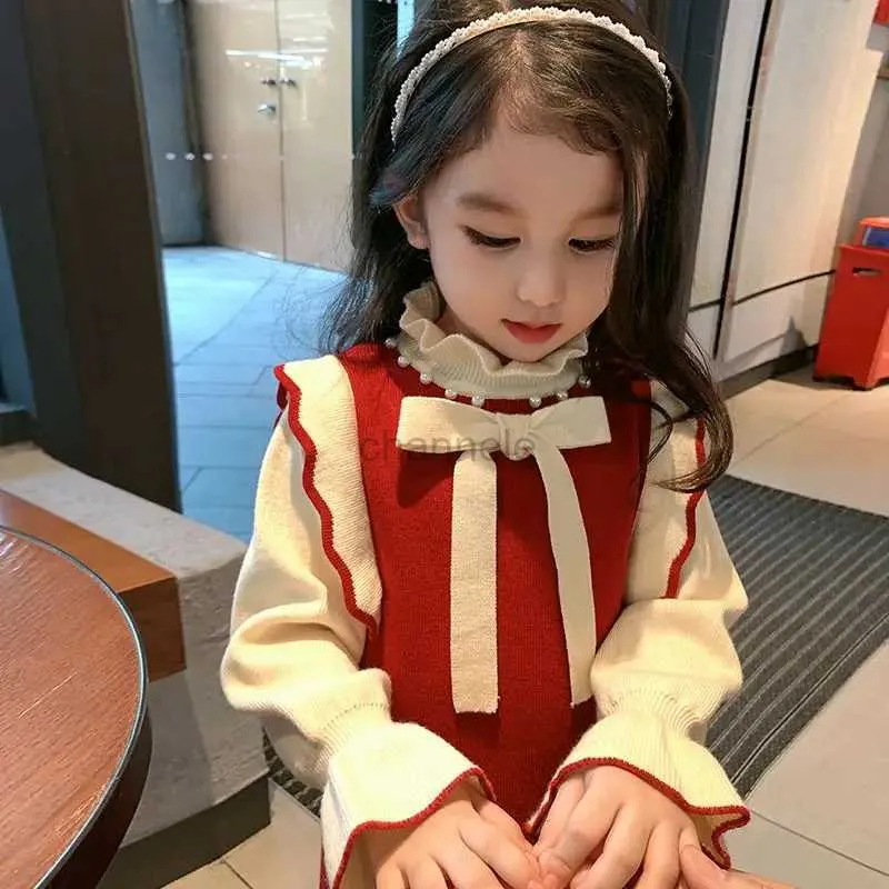 Girl's Dresses Autumn Winter New Korean Kawaii Cute Girls Dress Up Fashionable Harajuku Cute Kids Knitted Long Sleeve Solid Kids Clothes 240315