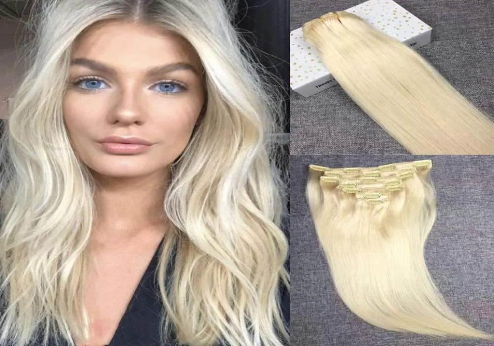 Extensions de cheveux naturels Remy à clips, blond décoloré, 24 pouces, 100g, 7 pièces, 60 blond platine, vrais cheveux, tête complète, lisses5506921