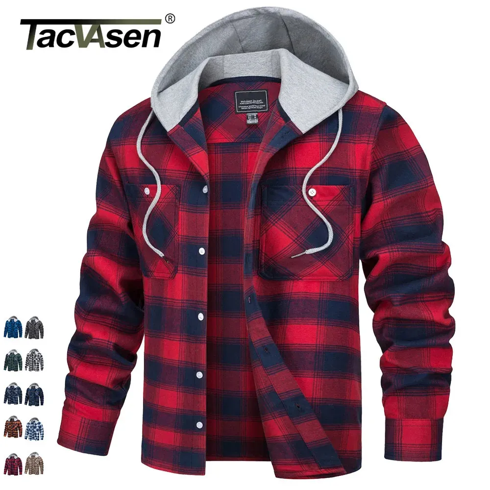 TACVASEN Camicie leggere con cappuccio in flanella Camicie scozzesi in cotone da uomo Piumino casual a maniche lunghe con bottoni e tasche 240301