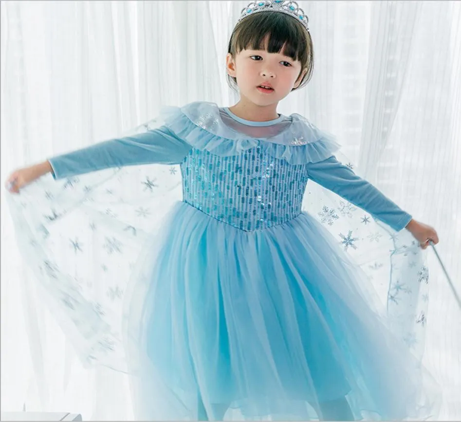 Cosplay Mädchen Kleid Pailletten Blau Prinzessin DressSnowflake Cape für Performance Show Baby Kleidung 27Y E8152743372