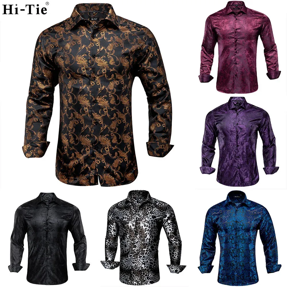 Hi-Tie Gold Black Mens Silk Shirt Paisley Floral Long Sleeve Casual Shirts For Men Jacquard Male Business Party Wedding Dress 240304