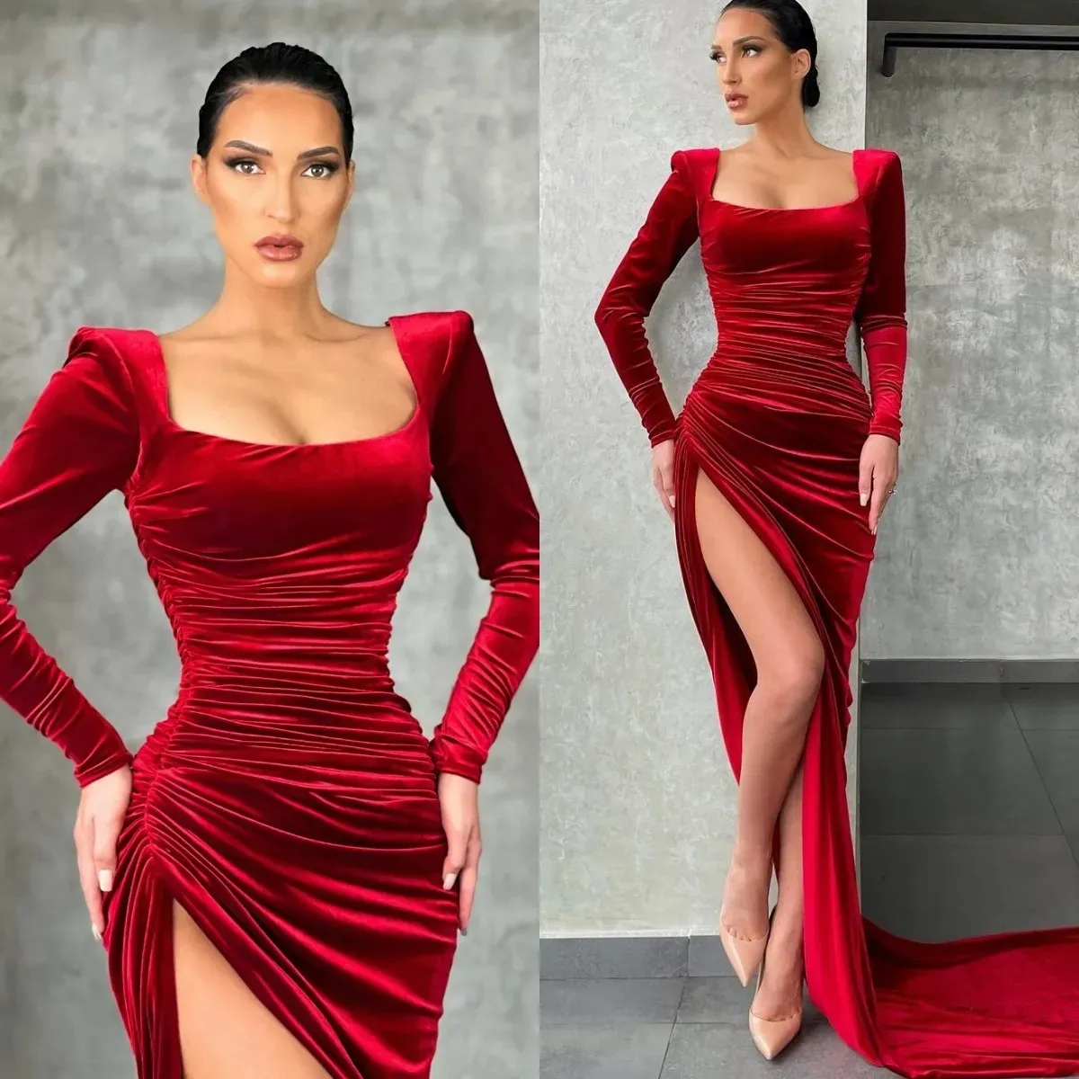 Sexy rote Ballkleider, quadratischer Ausschnitt, lange Ärmel, Samt, Party-Abendkleider, Falten, Schlitz, halbformal, roter Teppich, langes Kleid für besondere Anlässe YD