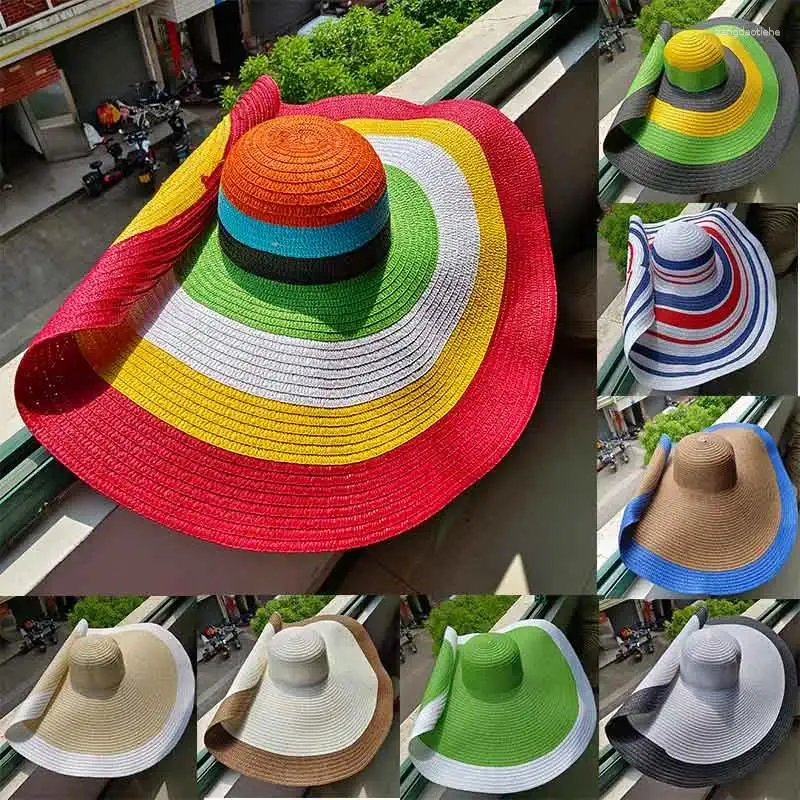 Bérets Big Brim Chapeau Femmes Parasol Soleil Français Hommes Femmes Couleur Épissage Plage Voyage Paille Été Pliable En Gros