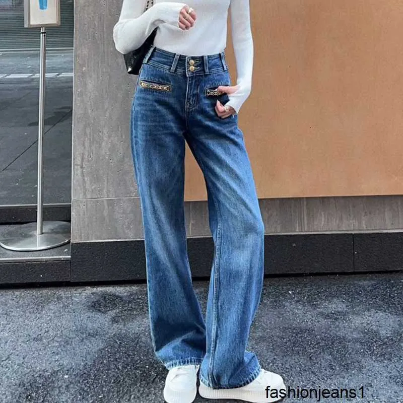Calças de brim femininas edição correta ce casa 23 outono nova frente bolso corrente calças de lavagem reta cintura alta versátil magro jeans 8bos