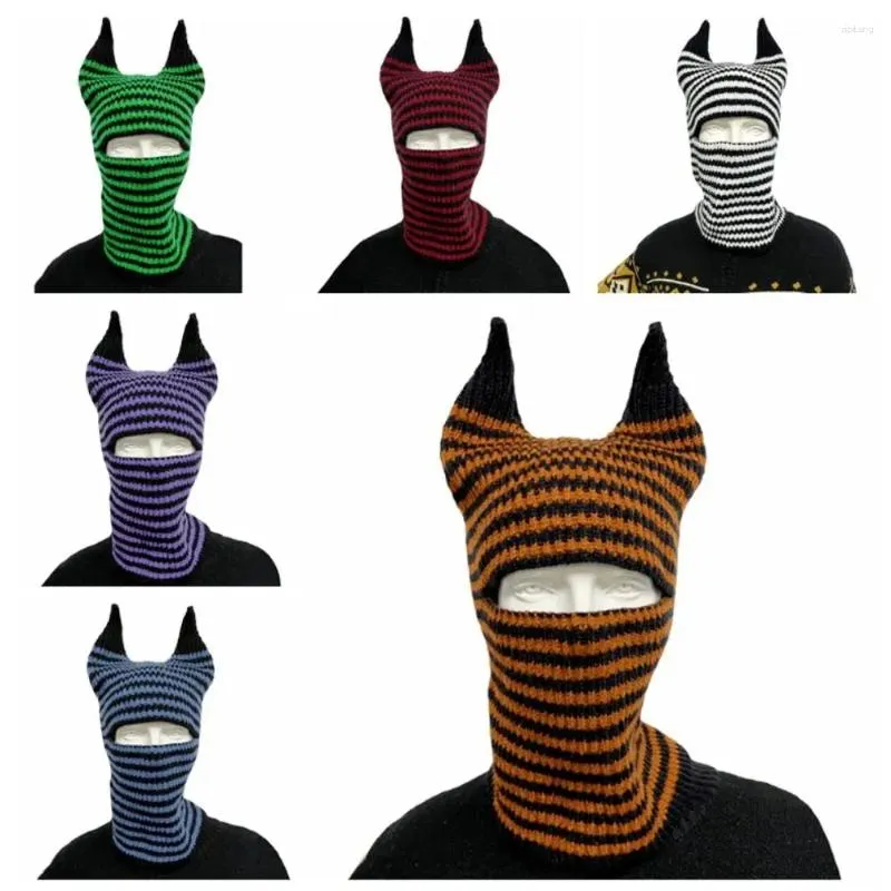 Bandanas Stripe Cow Horn Knitted Hat Riding Mask Multifunctional Letter Cap Fashion Turban Warm Neck Cover Autumn