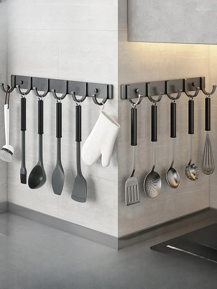 Kitchen Storage Non Punching Hanging Pole Rack Pot Shovel Spoon Stainless Steel Row Hook Wall Type