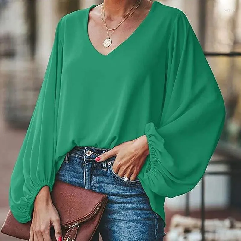 Kvinnor Blusar Long Lanter Sleeve Chiffon Shirt Women Spring Summer Fall Solid Color V-Neck Loose Blouse Female Fashion Casual Top