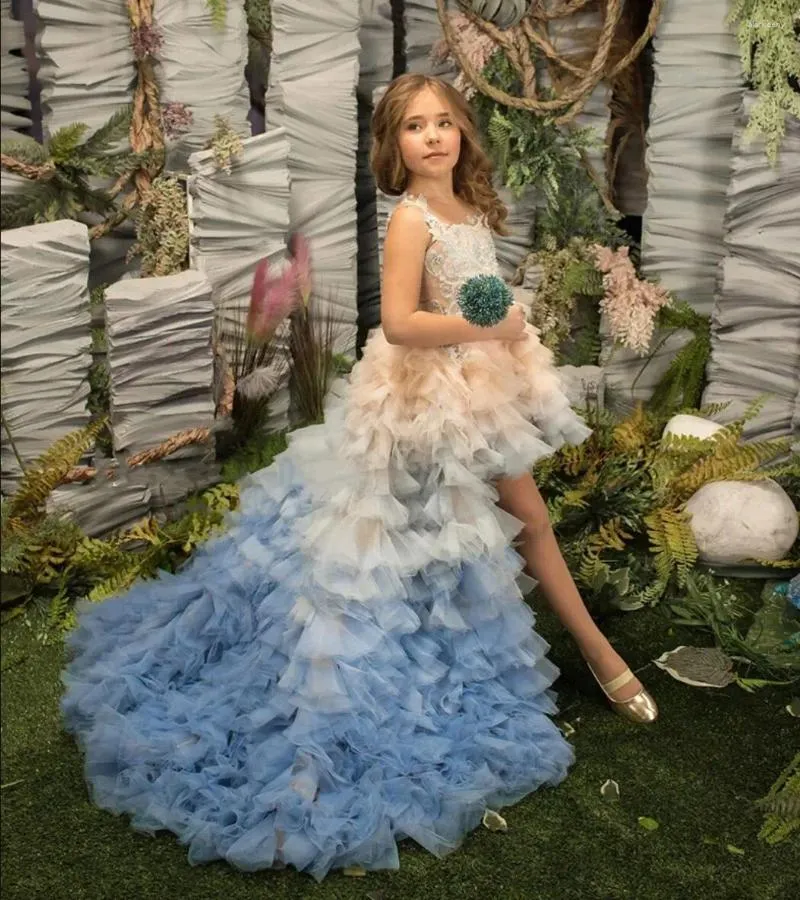 Flickaklänningar Tiered Tulle Flower för bröllop med avtagbart tåg High Low Toddler Girls Pageant Dress Kids Party Ball Gown