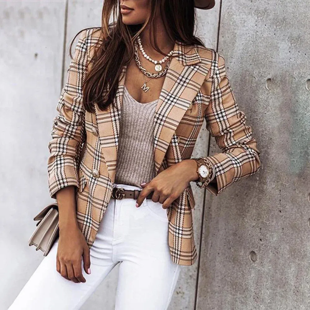 Kurtka Plaid Blazer Women Spring Autumn Long Rleeve Casual Slim Blazers Khaki Woman Płaszcze Fall Elegancki kombinezon biurowy 240306