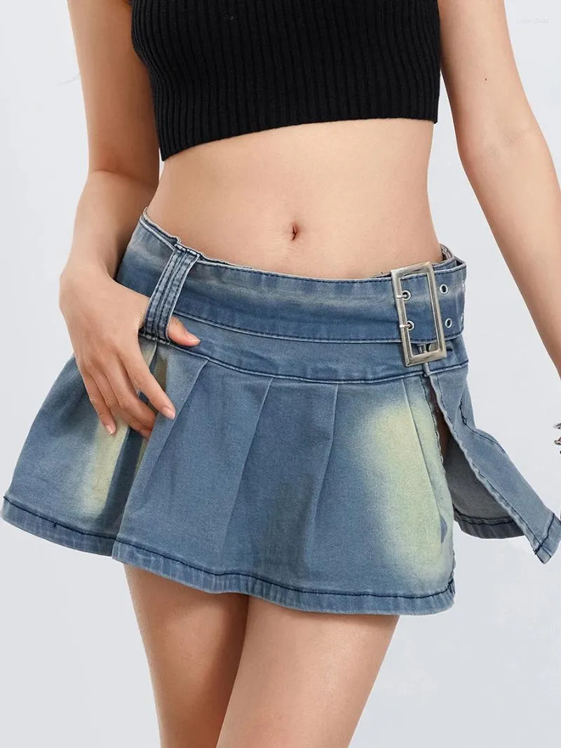 Spódnice WSEVYPO RETRO Low talii jeansowy mini damska krótka plisowana liniowa spódnica z dżinsami estetyczne ubrania estetyczne