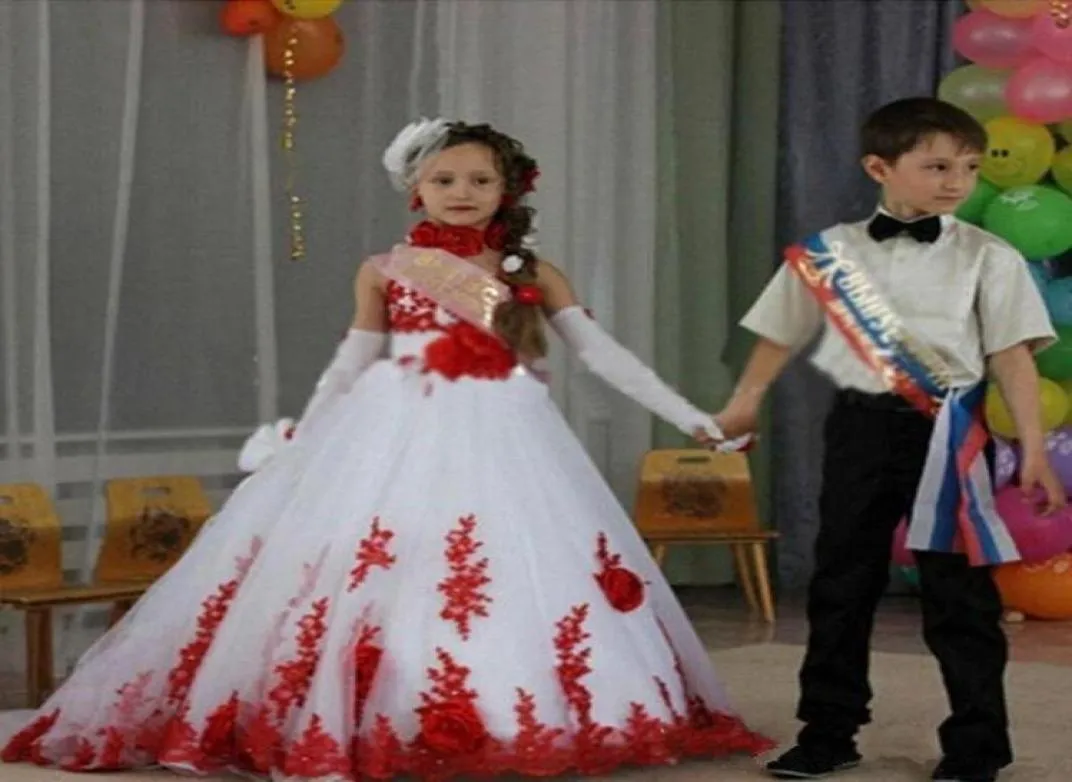 Girl039s Robes Pageant Rouge Dentelle Fleurs À La Main Enfants Princesse Robe Fleur Fille Robe Pour Mariage Fête D'anniversaire Baptême Vest7607821