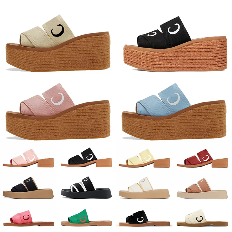 Top Wedge Alfades de barragem sandálias folhas de chinelos de linho de linho de salto alto luxuosos slides de mula plana de luxo de panos de pães de sandale pretos rosa sandale