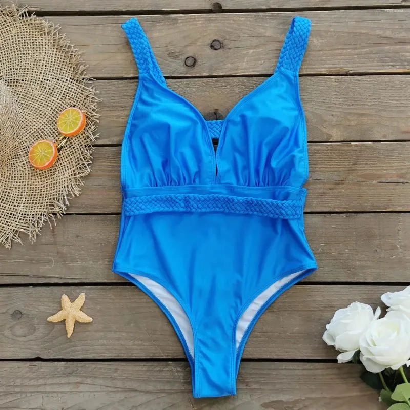 Women's Swimwear Sexy One Piece Swimsuit Solid Blue Braided Rope Bandage Arround Belt Beach Hollow Out Backless Bathing Suits Monokini