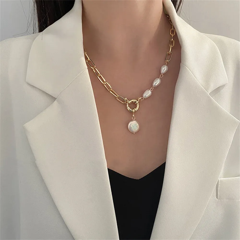 2024 neue Koreanische Mode Perle Dicke Kette Anhänger 14 k Gelb Gold Halskette für Frauen Kpop Kragen Halskette Choker Anhänger schmuck Geschenk Weiblich