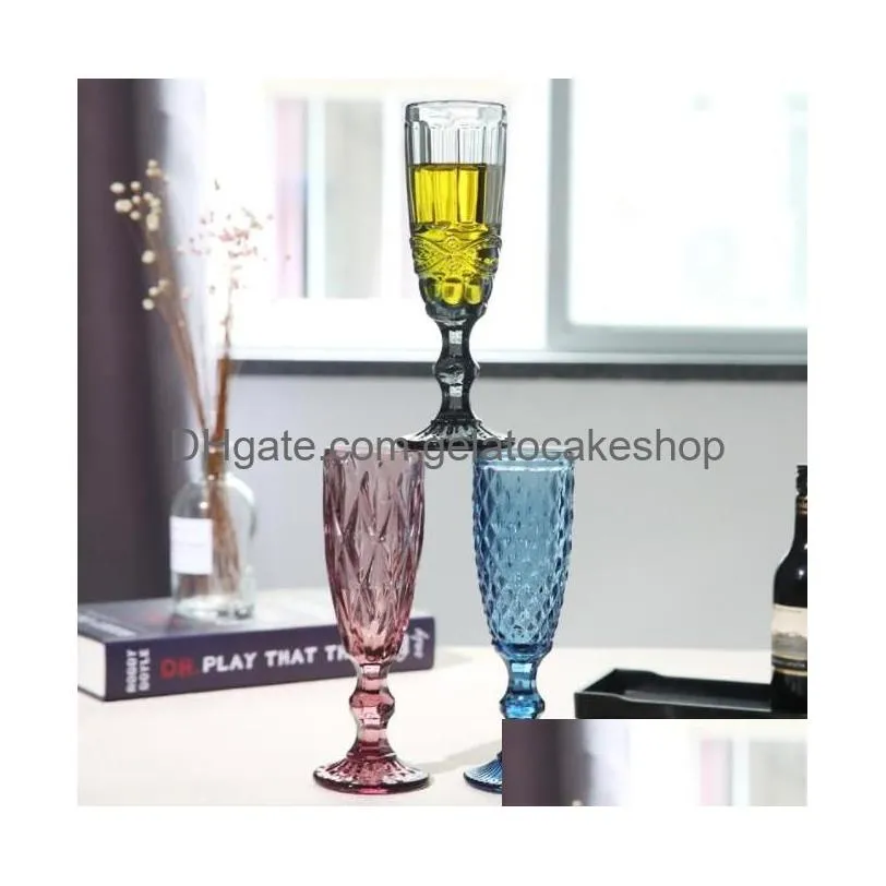 Wijnglazen Groothandel 150 ml 4 kleuren Europese stijl reliëf gebrandschilderd glas Lamp dikke bekers Drop levering huis tuin keuken Dini Dhs2A