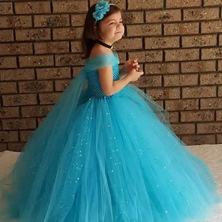 Meisjesjurken Meisje glitter blauwe prinses Tutu jurk kinderen gehaakte tule jurk met hairbow kinderen jurken voor verjaardagsfeestje 240315