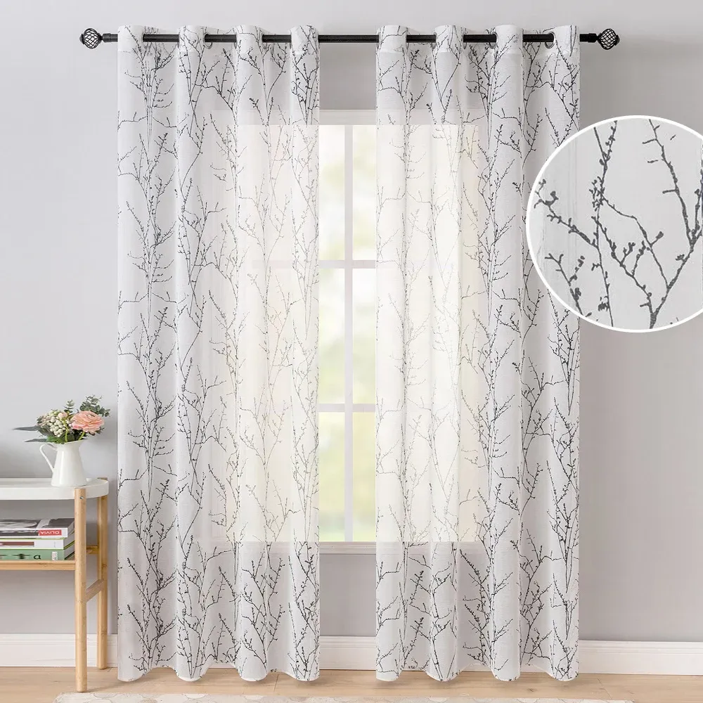 Cortinas con estampado moderno de ramas de árbol, cortinas transparentes para sala de estar, dormitorio, habitación de niños, cortinas de tratamiento de ventana de cocina de tul