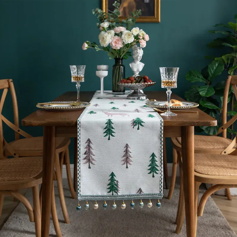 Runner da tavolo per albero di Natale, vacanze invernali, tovaglietta in stoffa per alce, anno, cucina domestica, decorazioni rustiche 240307