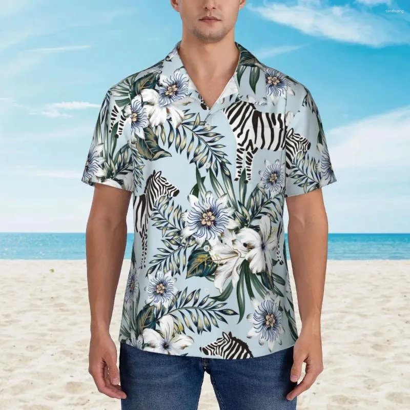 Camicie casual da uomo Camicia con foglie di palma Zebra e stampa floreale Classica estate maschile maniche corte da spiaggia traspirante camicette oversize fai da te