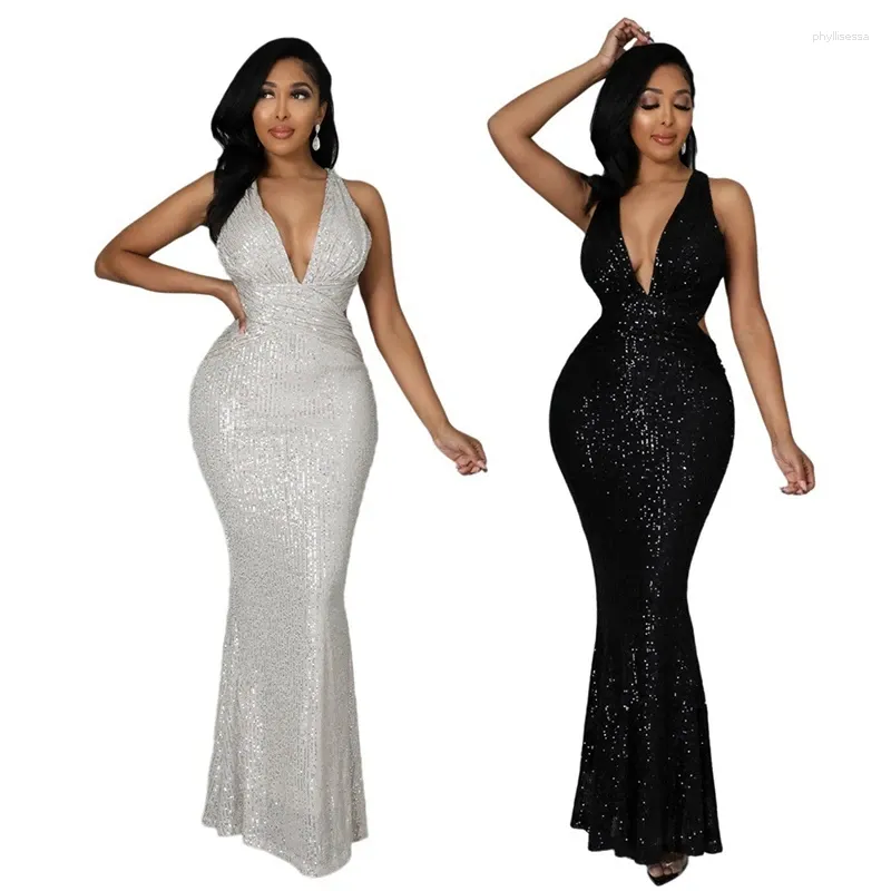 Vestidos casuales Mujeres Sexy Lentejuelas Largo Maxi Dres Profundo Cuello en V Vendaje cruzado Sin respaldo Flaco Longitud del piso Discoteca Fiesta Elegante Bodycon S-XL