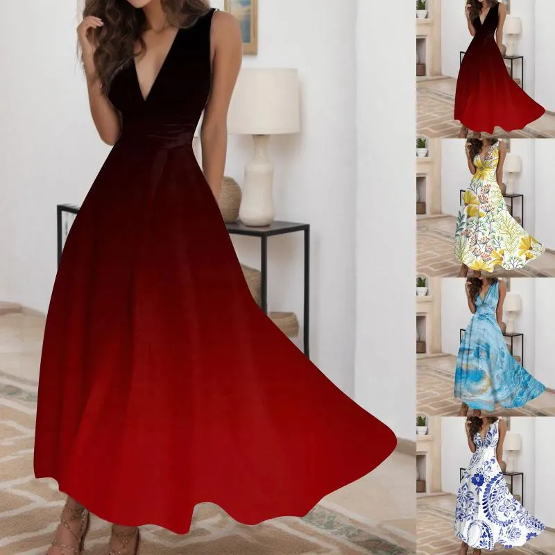 Casual Kleider Sexy Tiefem V-ausschnitt Formale Kleid Sommer Ärmellose Chinesischen Stil Lange Sommerkleid Gradienten Reißverschluss Lose Swing Vestidos