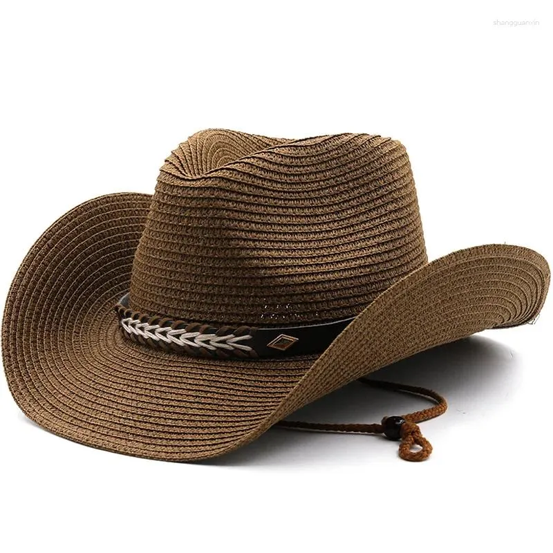 Berets palha cowboy chapéu com metal chapeado hatband shapeable cowgirl jazz bonés para o pai verão ocidental sombrero férias praia sunhat