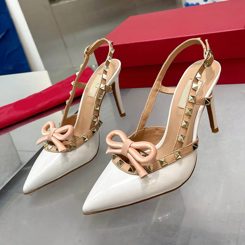 Vestido 9,5cm Bow High Women Women Officer Boat Heels Sandals Slides Slingbacks Slingbacks Bombas de Whitedress Sapatos Top espelhado Hardware de luxo de qualidade