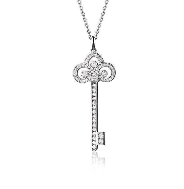 Designer tiffay and co Collana con chiave fiore Iris in argento sterling 925 placcato in oro 18 carati con pedigree con catena per collare con ciondolo ad alta edizione con diamanti pieni