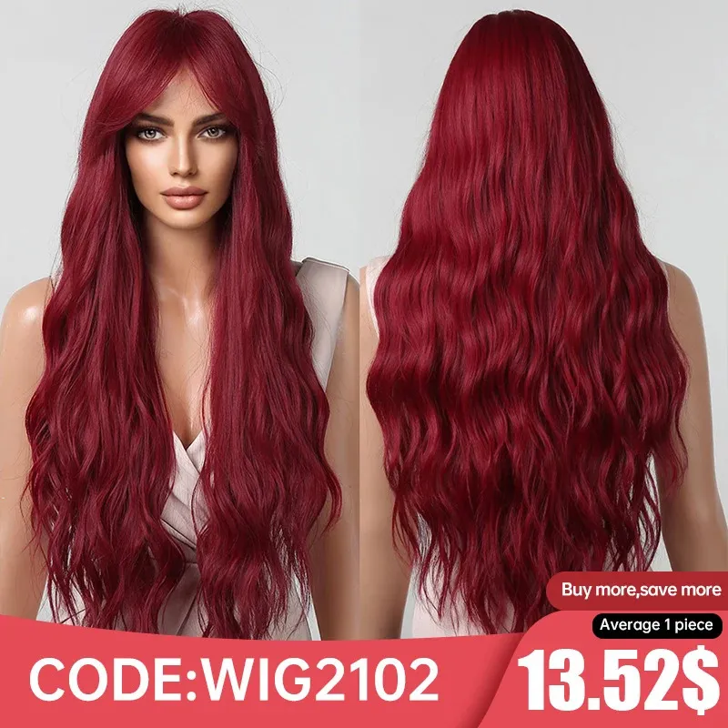 Longo encaracolado vinho borgonha vermelho perucas sintéticas com franja longa para mulheres afro onda profunda cosplay festa natural cabelo calor reisitant 240305