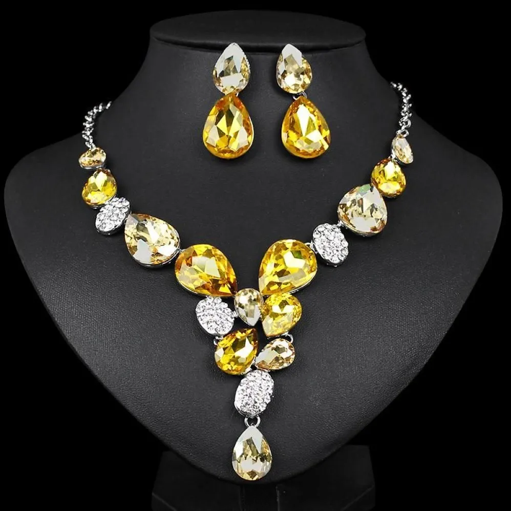 Ensembles de bijoux en cristal autrichien, chaîne plaquée argent, collier, boucles d'oreilles pendantes, accessoires de Costume de fête pour femmes, 335C