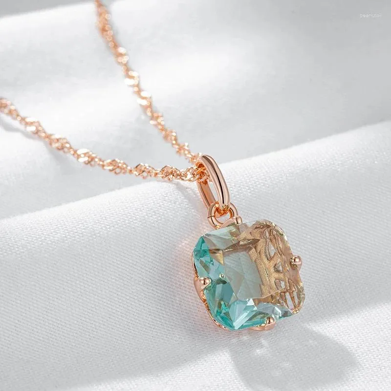 Pendentif Colliers Wbmqda Big Square Light Green Stone et collier pour femmes 585 Rose Gold Couleur Mode Zircon Bijoux Accessoires