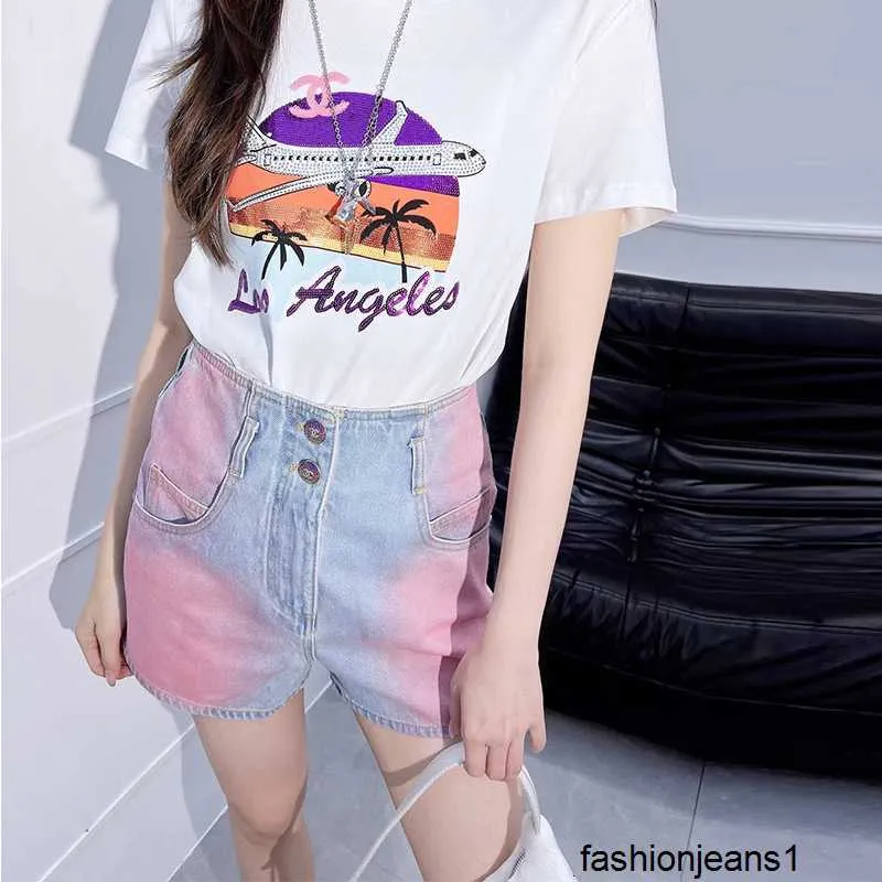 نساء جينز نسائي عالية Xiaoxiangjia 24 أوائل الربيع TIE DYE التدرج المزدوج شارة جينز عالية الخصر وسروال سراويل في لونين U0A6