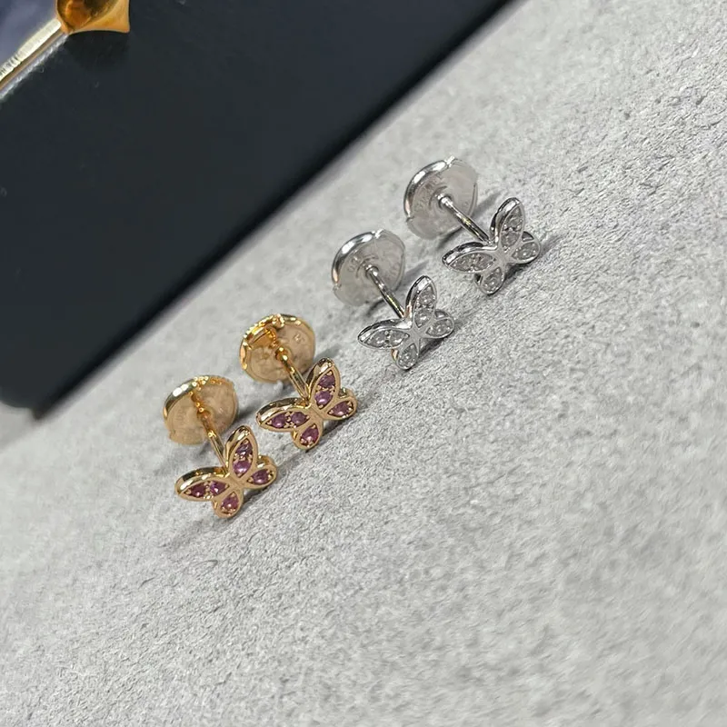 Pendientes de plata de ley 925 de alta calidad con diamantes rosas para niñas, joyería de moda, pendientes de mariposa de marca dupe