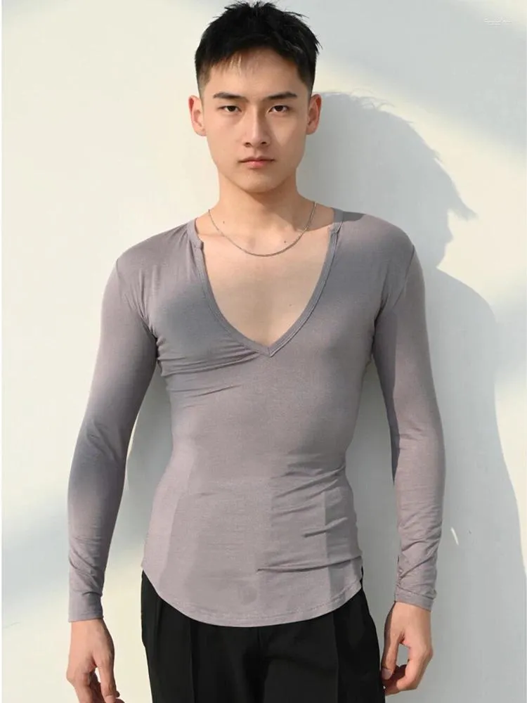 Stage Wear Latin Dance Clothes V Neck Long Sleeves T Shirt Gray Black Tops For Men Rumba ChaCha Ballroom Practice Adult NV19345