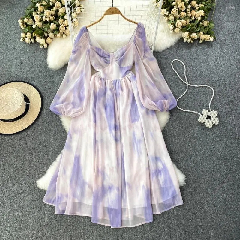 Casual Dresses Women Purple Long Square Collar Lantern Sleeve A-Line Party Vestidos Female Sexig Backless Vacation Beach Style Frocks