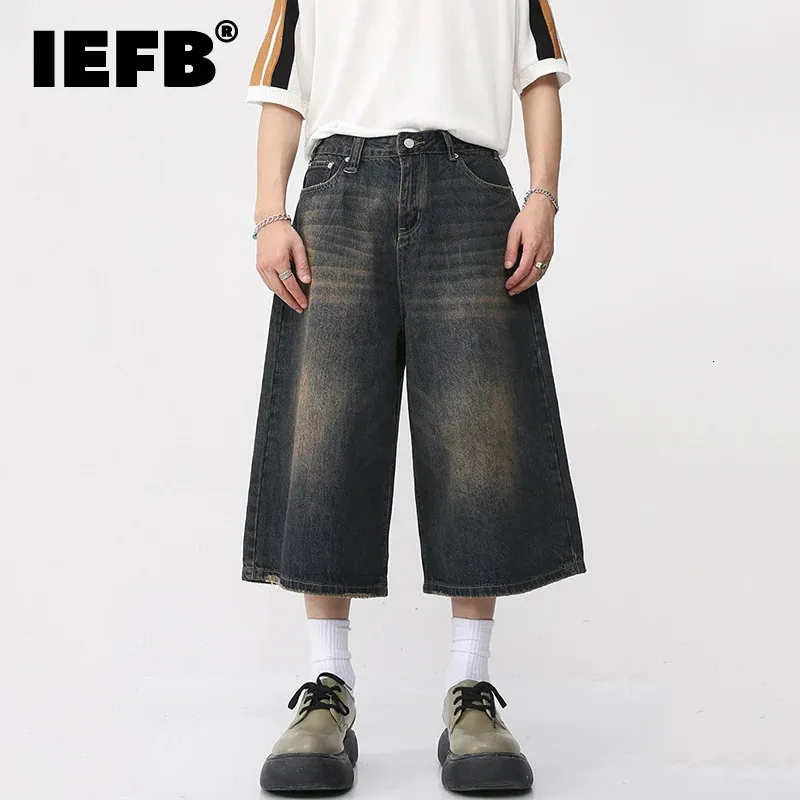 IEFB Korean Style Vintage Mens Jeans Summer Loose Male Wide Leg Knee Length Shorts Washed Fashion Denim Trouser 9A8825 240308